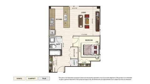 Floor plan for 1 bed, 1 bath, 655 sqft